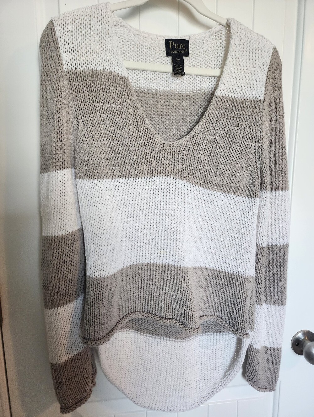 Women's Beige & White Striped V-Neck Sweater